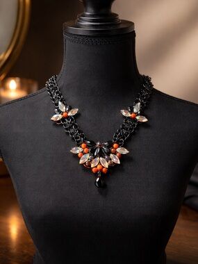 Zara Statement Black Necklace with Orange and Iridescent Stones